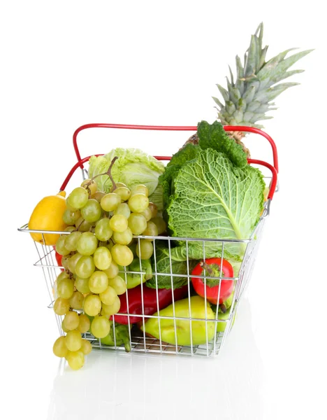 Fresh vegetables and fruits in metal basket isolated on white — Stock Photo, Image