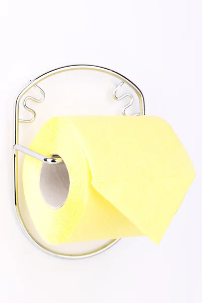 Role toaletního papíru na ochranného pouzdra připevněného ke zdi izolované na bílém — Stock fotografie