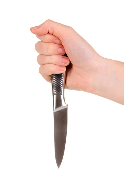 Human hand with kitchen knife isolated on white — Stock Photo, Image