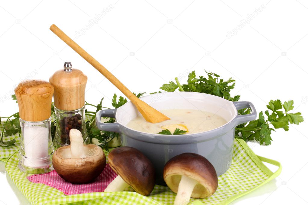 Mashed potatoes in saucepan with ingredients isolated on white