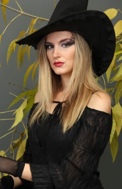 gri arka plan üzerinde Halloween cadı