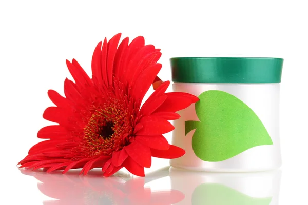 Jar of cream with flower isolated on white — Stock Photo, Image