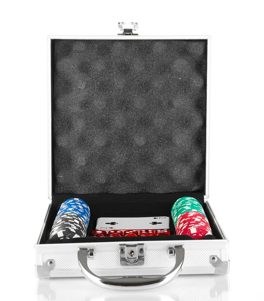 Poker set in metallic case isolated on white background — Stock Photo, Image