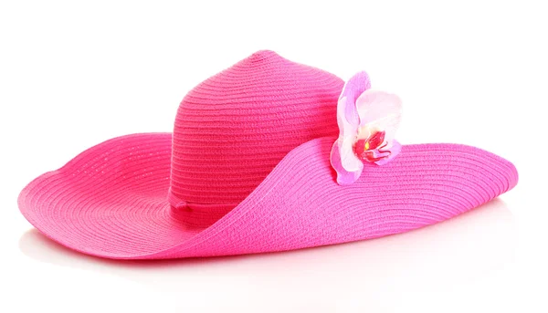 Hermoso sombrero de mujer de verano con flor aislada sobre fondo blanco —  Fotos de Stock