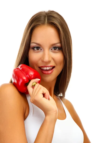 Mooie jonge vrouw met paprika, geïsoleerd op wit — Stockfoto