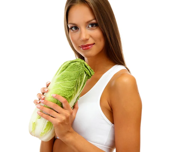 Beautiful young woman with cabbage, isolated on white — Stock Photo, Image