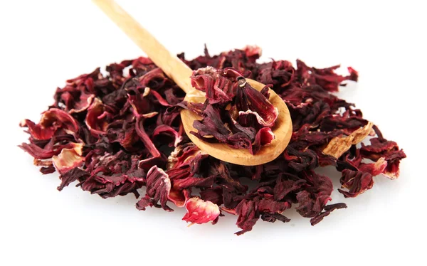 Aromatic Hibiscus tea with wooden spoon, isolated on white — Stock Photo, Image
