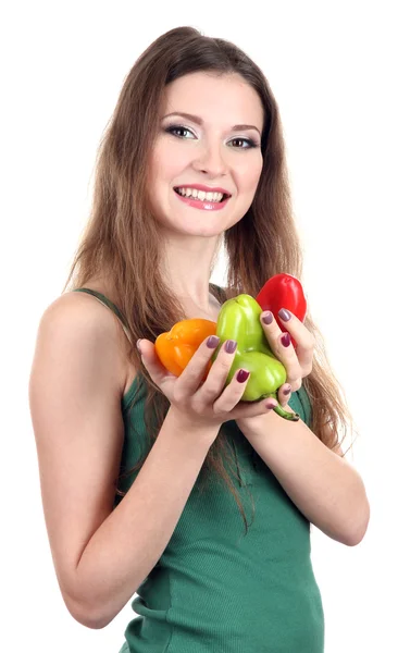 Vacker kvinna med peppar isolerad på vit — Stockfoto