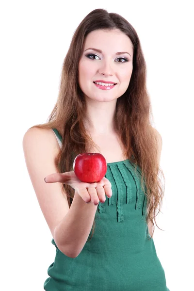 Beautiful woman with apple isolated on white — Stock Photo, Image