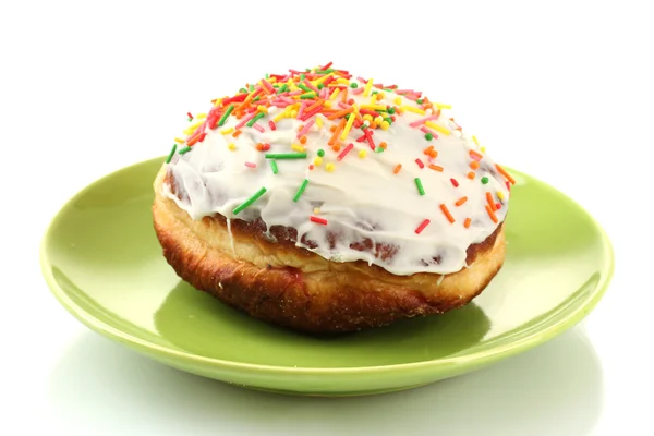 Tasty donut on color plate isolated on white — Stock Photo, Image