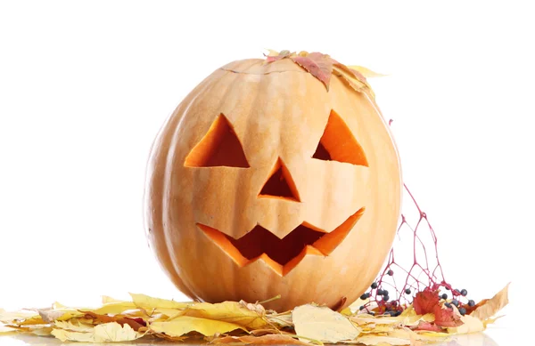 Calabaza de halloween y hojas de otoño, aisladas en blanco Imágenes de stock libres de derechos