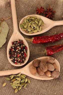 Küçük Hindistan cevizi ve diğer baharatlar çul zemin üzerine