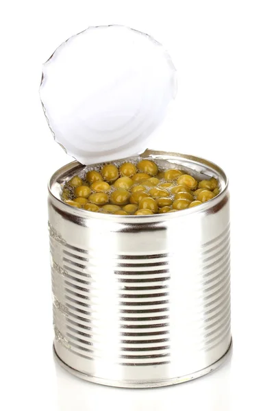 Open tin can of peas isolated on white — Stock Photo, Image
