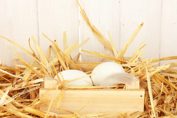 Huevos blancos en una caja de madera sobre paja sobre fondo blanco de madera — Foto de Stock