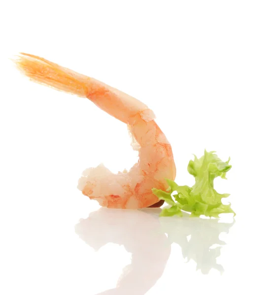 Boiled shrimp and lettuce leaf, isolated on white — Stock Photo, Image