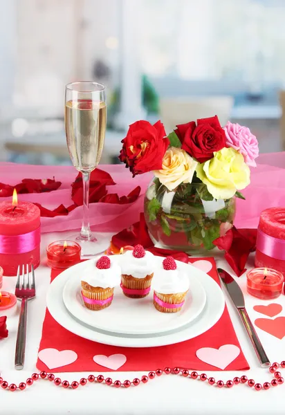 Table setting in honor of Valentine's Day on room background — Stock Photo, Image