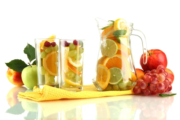 Transparent jar and glasses with citrus fruits, isolated on white — Stock Photo, Image