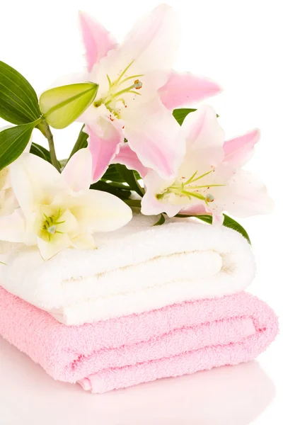 Lírio bonito na toalha isolada no branco — Fotografia de Stock