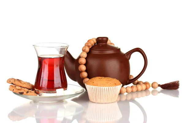 Glass of Turkish tea and kettle isolated on white — Stock Photo, Image