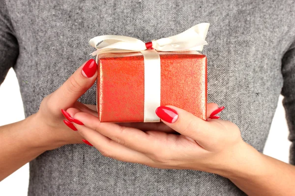 Woman holds box with gift on white background close-up — Φωτογραφία Αρχείου