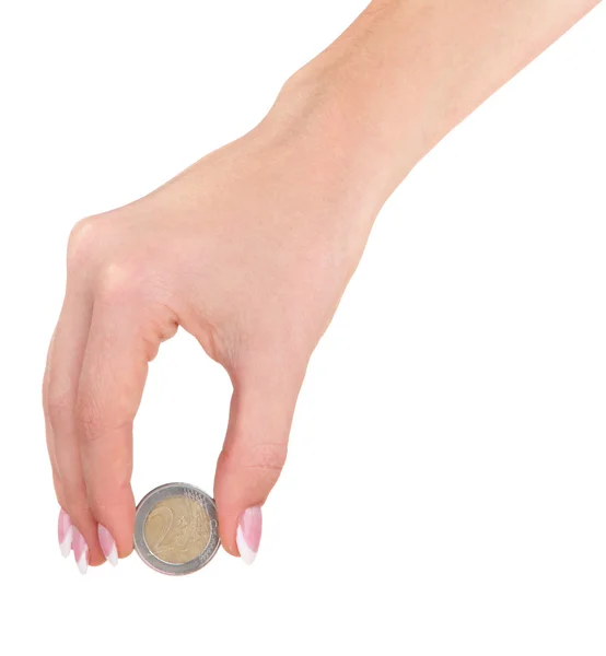 Woman hand with euro coin, isolated on white — Stock Photo, Image