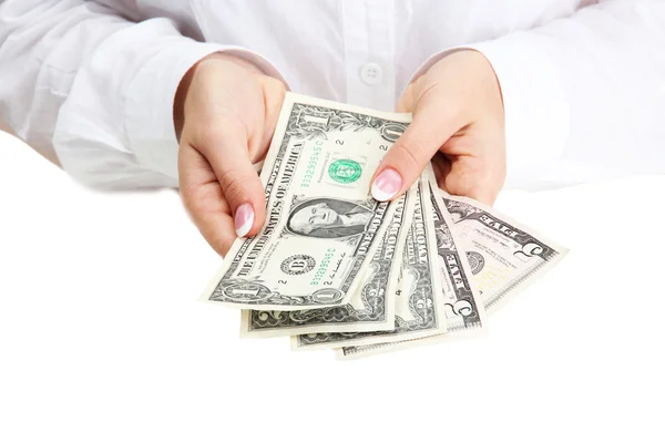 American dollars in a women hands, close up — Stock Photo, Image