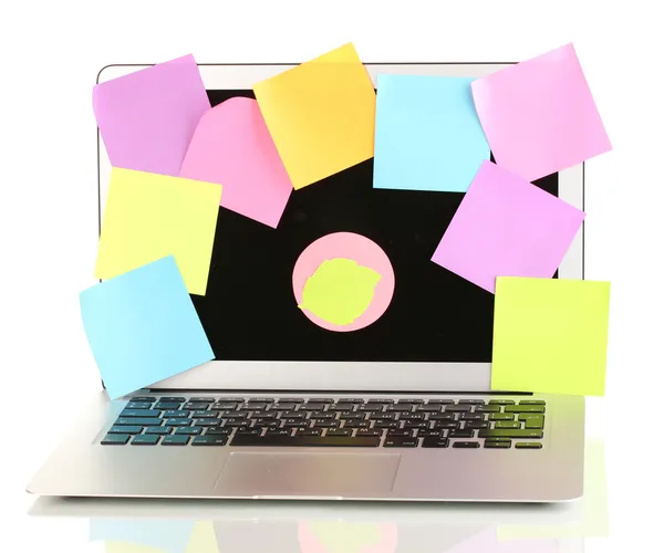 Laptop met lege stickers geïsoleerd op wit — Stockfoto