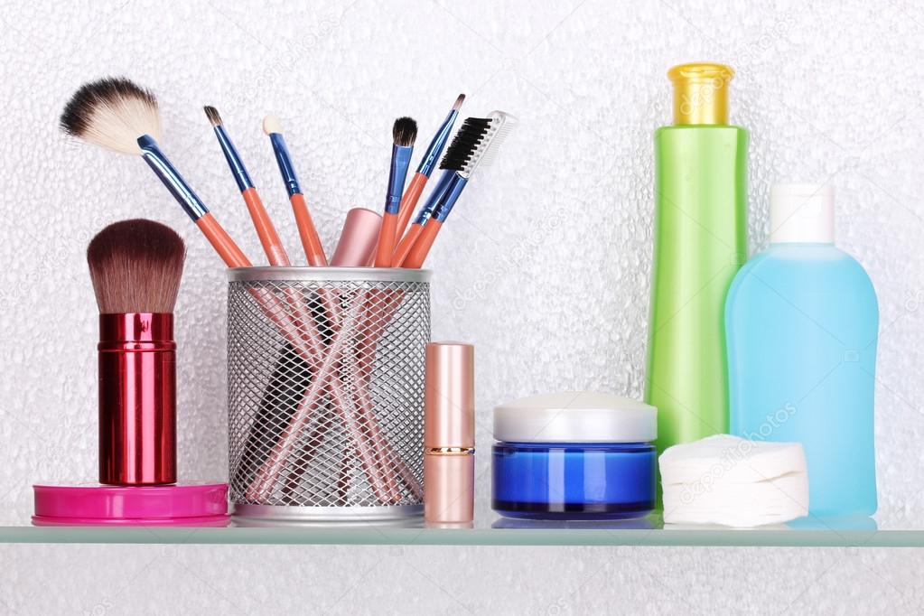 Bathroom Toiletries shelf with cosmetics and toiletries in bathroom — stock photo Bathroom Toiletries shelf with cosmetics and toiletries in bathroom — stock photo
