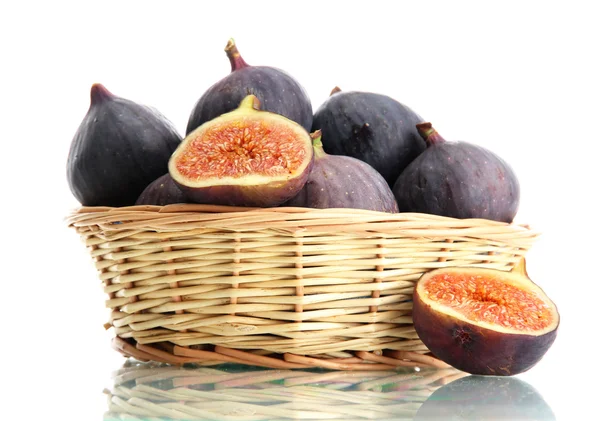 Ripe sweet figs in basket isolated on white — Stock Photo, Image