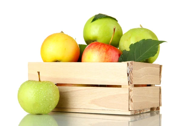 Sweet apples in wooden crate, isolated on white — Stock Photo, Image