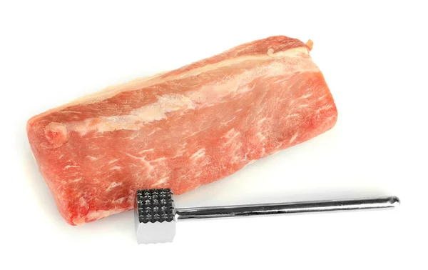 Raw pork with a meat hammer isolated on white — Stock Photo, Image