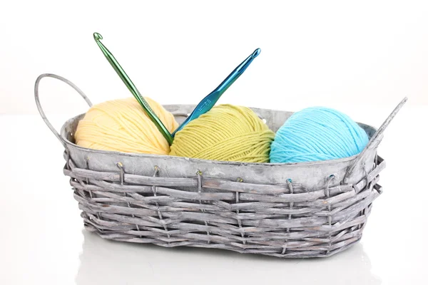 Bright threads for knitting in basket isolated on white — Stock Photo, Image