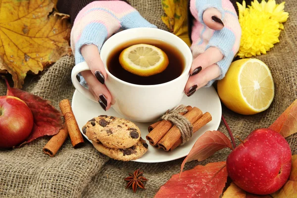 Ruce držící šálek horké nápoje a podzimní listí, na pozadí pytlovina — Stock fotografie