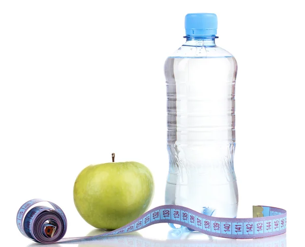 Bottle of water, apple and measuring tape isolated on white Royalty Free Stock Images