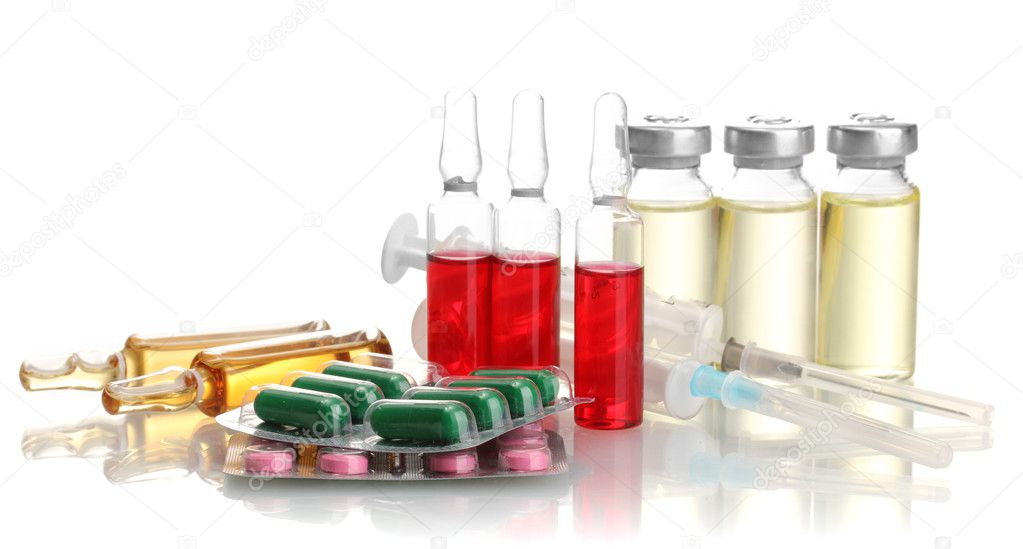 medical ampules, pills and syringes, isolated on white