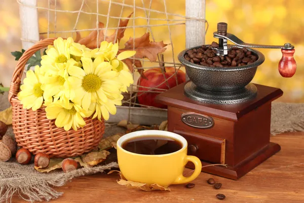 Autumnal composition:coffee grinder, flowers and leaves on bright background — Stock Photo, Image