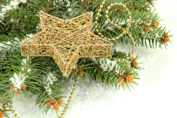 Christmas star on fir tree with snow, isolated on white — Stock Photo, Image