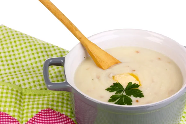 Puré de papas en cacerola en pinafore verde aislado en blanco — Foto de Stock