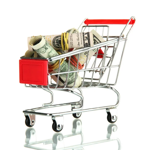 Shopping trolley with dollars, isolated on white — Stock Photo, Image