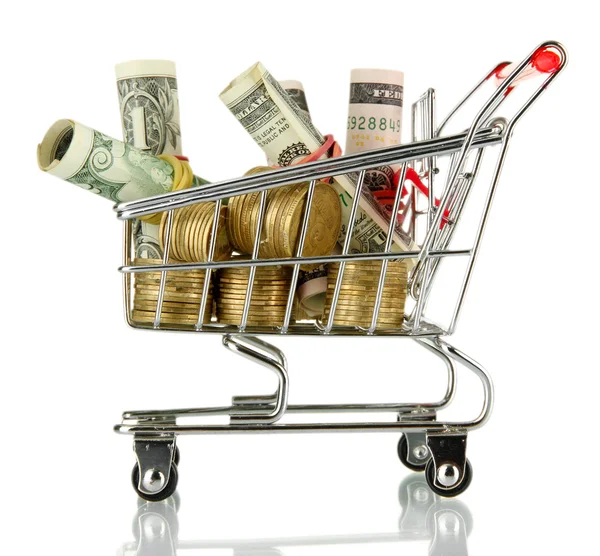 Shopping trolley with dollars and Ukrainian coins, isolated on white — Stock Photo, Image