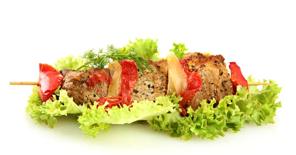 Tasty grilled meat and vegetables on skewer, isoalted on white — Stock Photo, Image