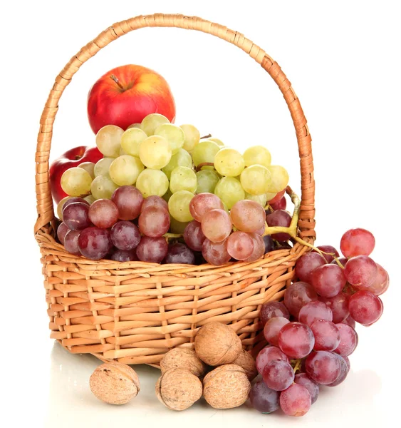 Grape in basket with nuts isolated on white — Stock Photo, Image