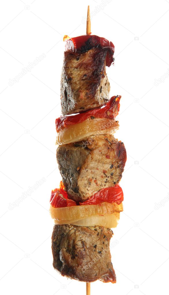 tasty grilled meat and vegetables on skewer, isoalted on white