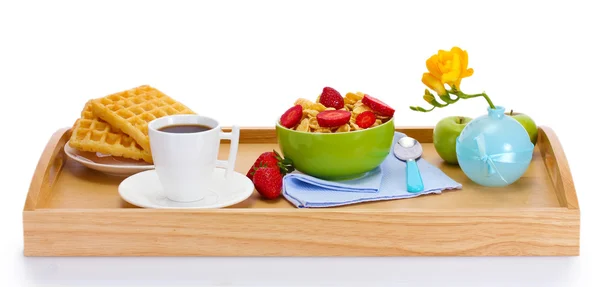 Light breakfast on wooden tray isolated on white — Stock Photo, Image