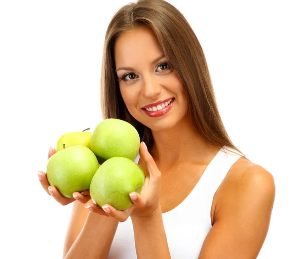 Beautiful young woman with green apples, isolated on white — Stock Photo, Image