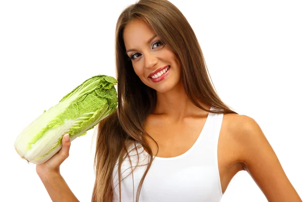 Beautiful young woman with cabbage, isolated on white — Stock Photo, Image