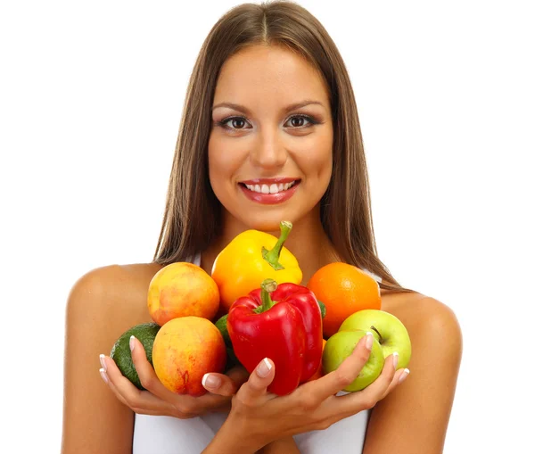 Beautiful young woman with fruits and vegetables, isolated on white — Stock Photo, Image