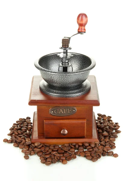 Molinillo de café con granos de café aislados en blanco — Foto de Stock