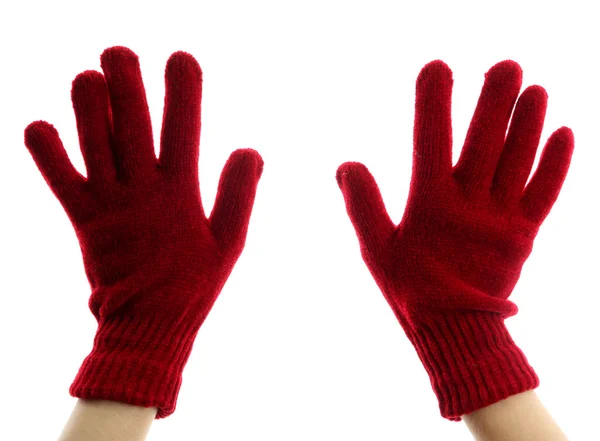 Kvinna stickade handskar på händerna, isolerad på vit — Stockfoto