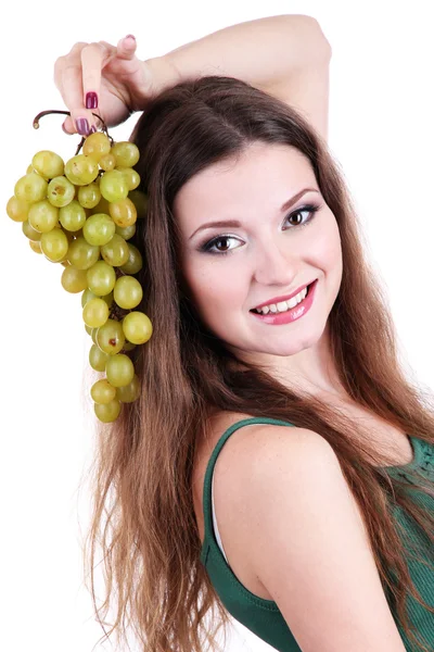 Hermosa mujer con uva aislada en blanco — Foto de Stock